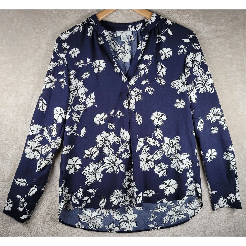 Lord & Taylor Blouse Tunic Top Women Sz S White Blue Floral Long Sleeve V Neck